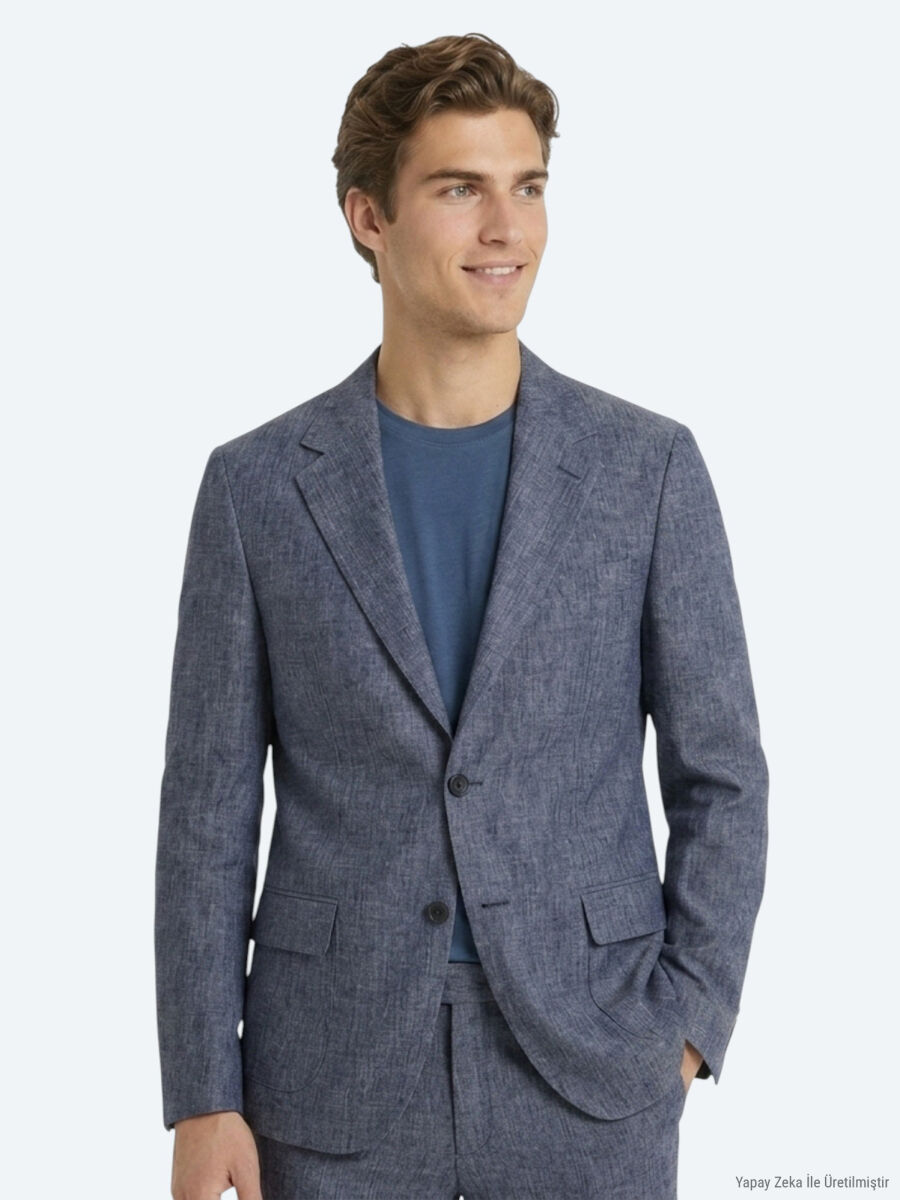 Mavi Desenli Modern Fit Keten Karışımlı Takım Elbise - 2