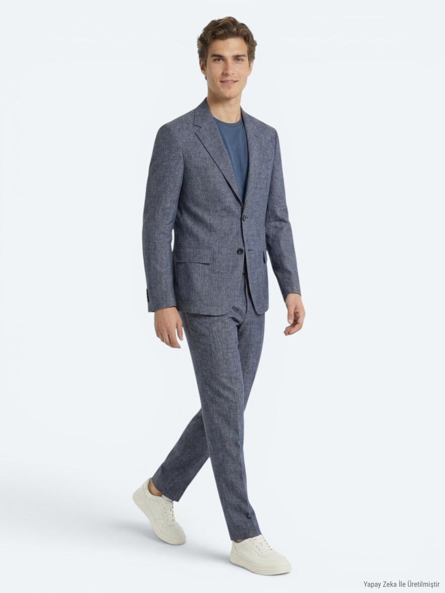 Mavi Desenli Modern Fit Keten Karışımlı Takım Elbise - 3