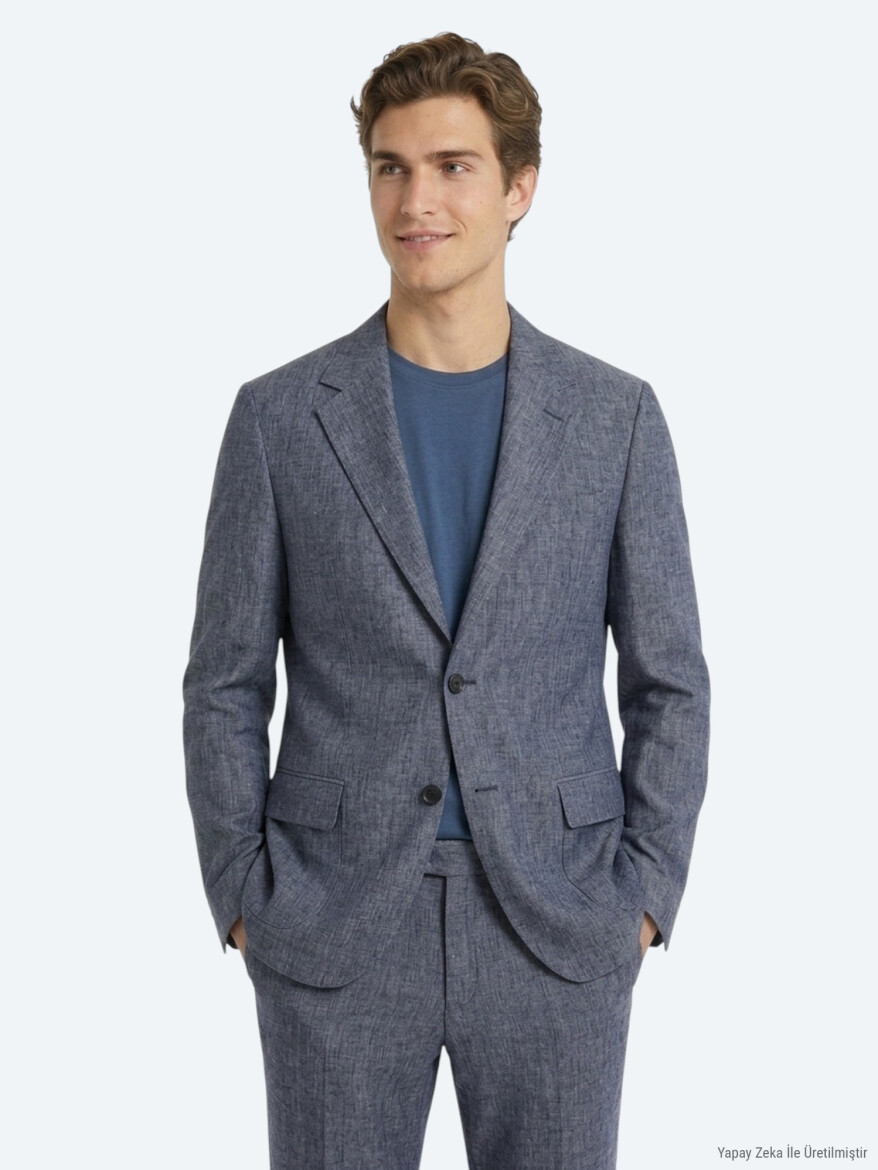 Mavi Desenli Modern Fit Keten Karışımlı Takım Elbise - 4