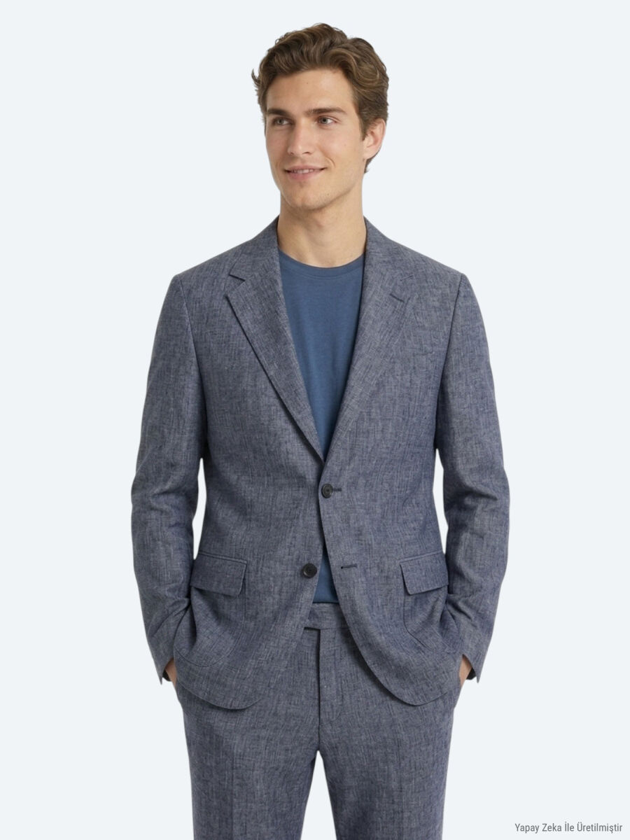 Mavi Desenli Modern Fit Keten Karışımlı Takım Elbise - 4