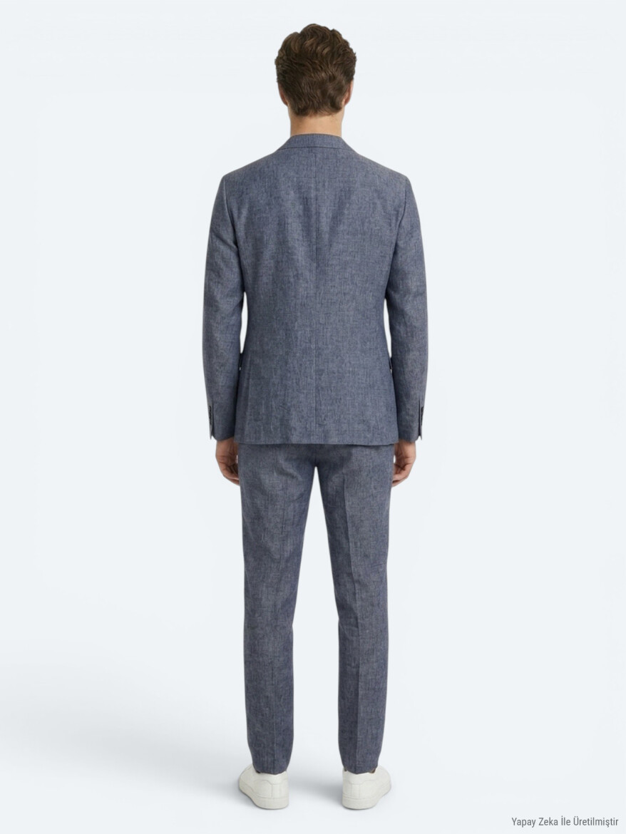 Mavi Desenli Modern Fit Keten Karışımlı Takım Elbise - 5