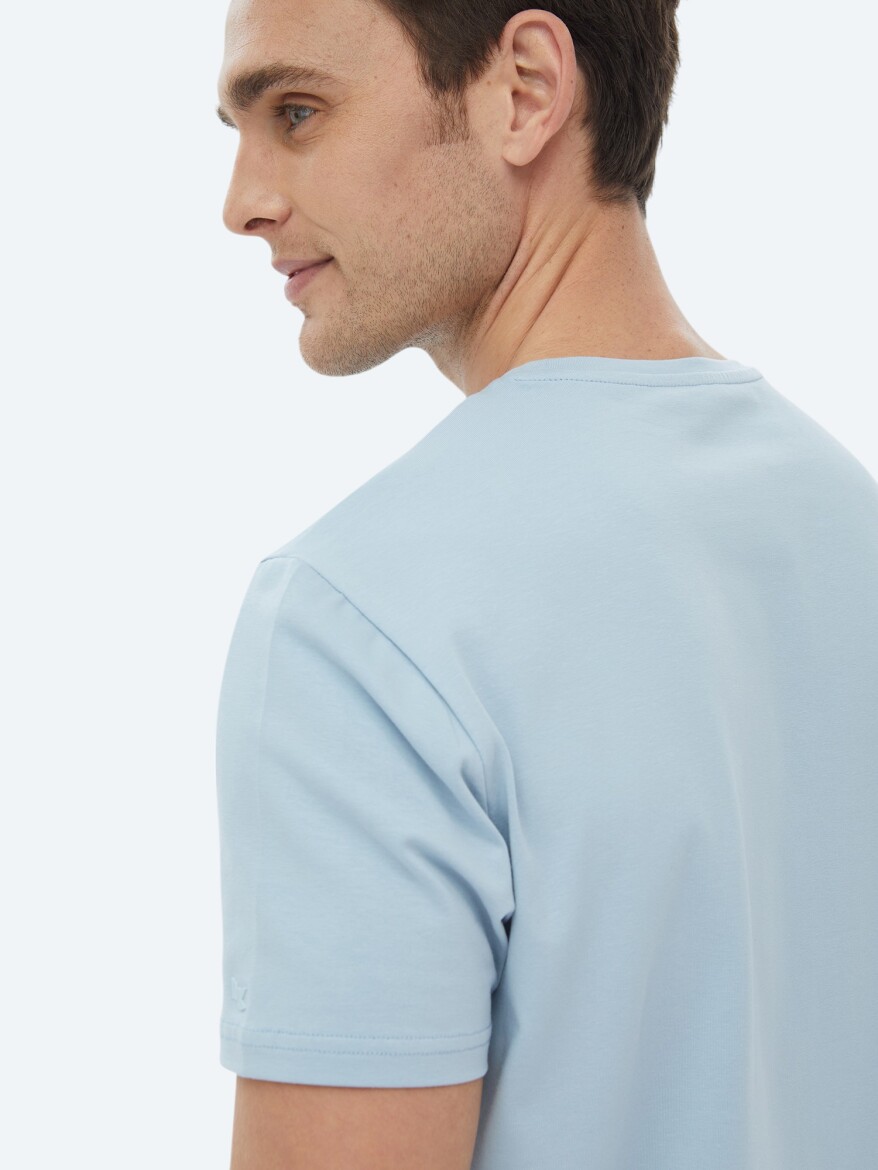 Mavi Düz Bisiklet Yaka Pamuk Karışımlı T-Shirt - 7