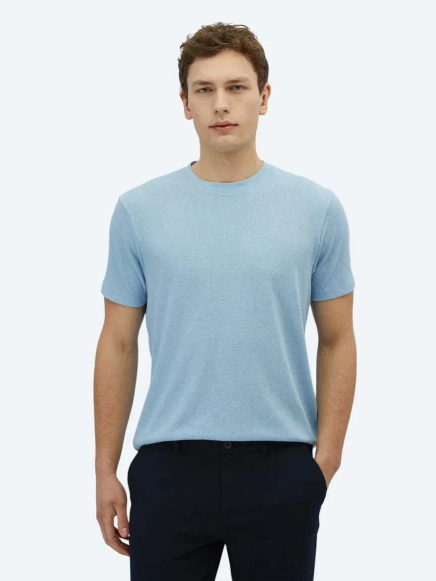 Mavi Düz Bisiklet Yaka Pamuk Karışımlı T-Shirt - 1
