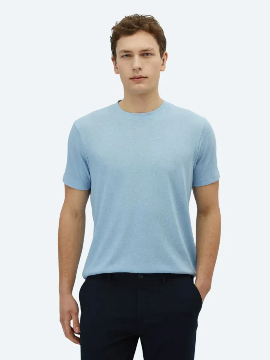 Mavi Düz Bisiklet Yaka Pamuk Karışımlı T-Shirt - 1
