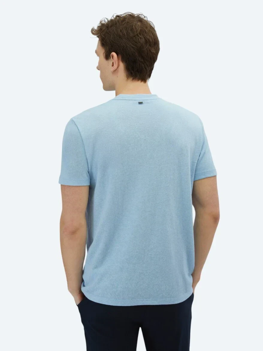 Mavi Düz Bisiklet Yaka Pamuk Karışımlı T-Shirt - 6