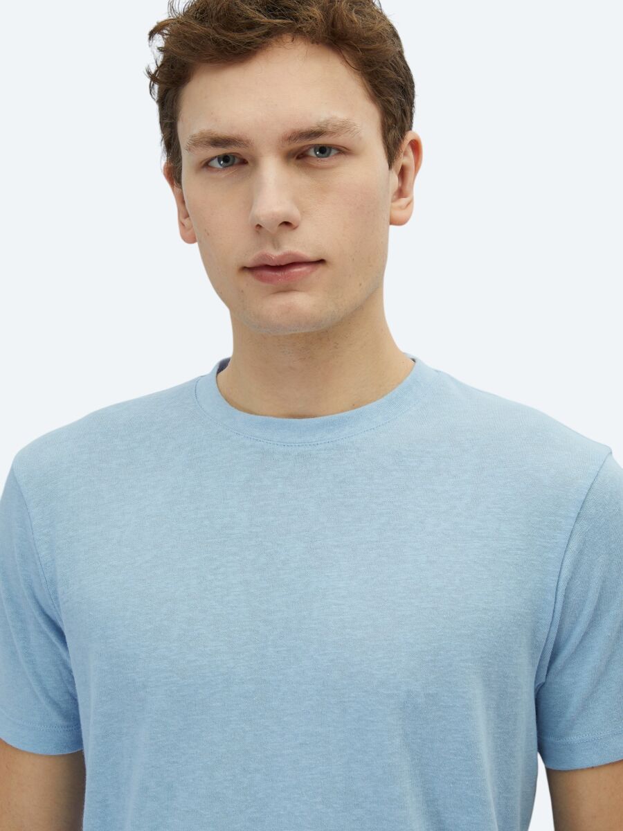 Mavi Düz Bisiklet Yaka Pamuk Karışımlı T-Shirt - 3