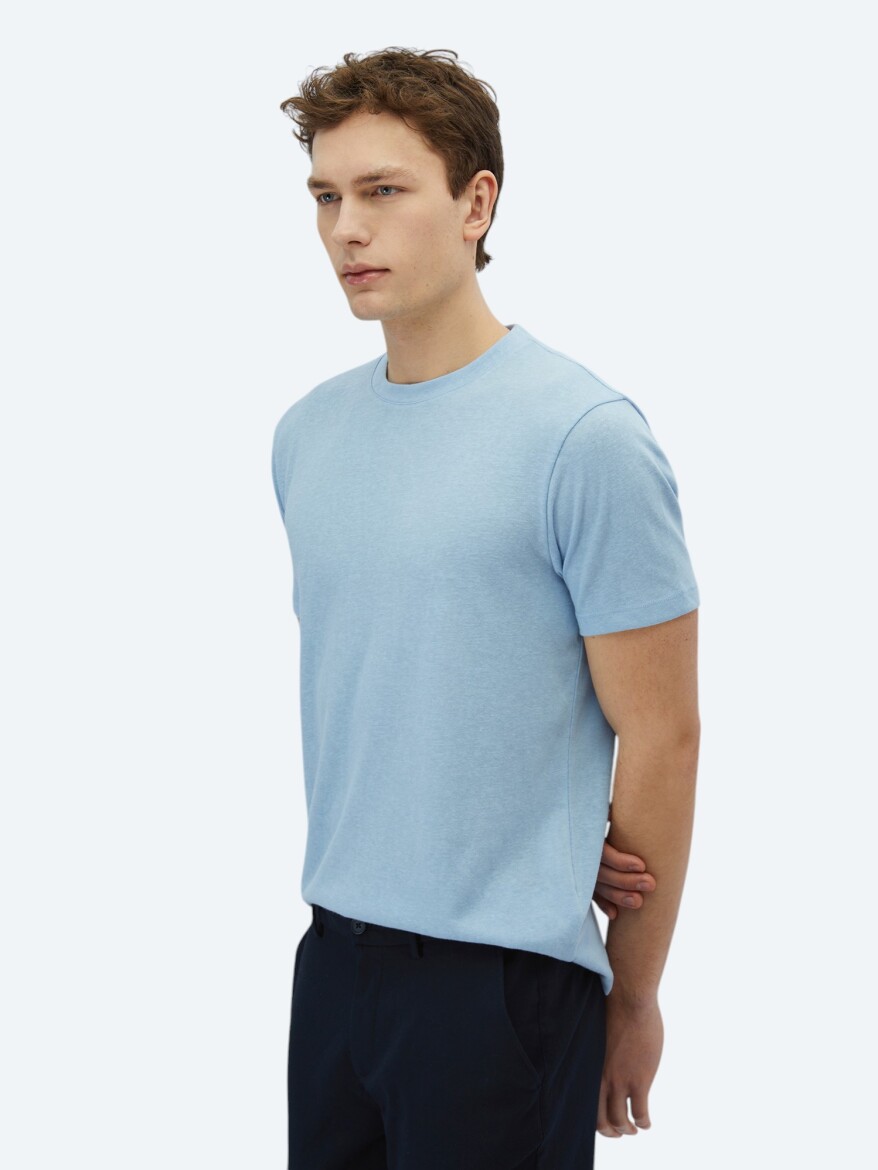 Mavi Düz Bisiklet Yaka Pamuk Karışımlı T-Shirt - 4