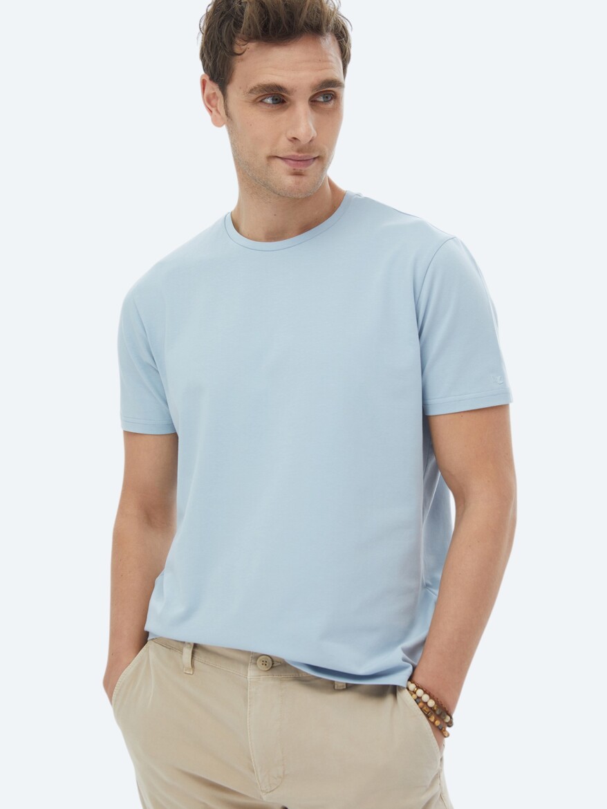 Mavi Düz Bisiklet Yaka Pamuk Karışımlı T-Shirt - 5