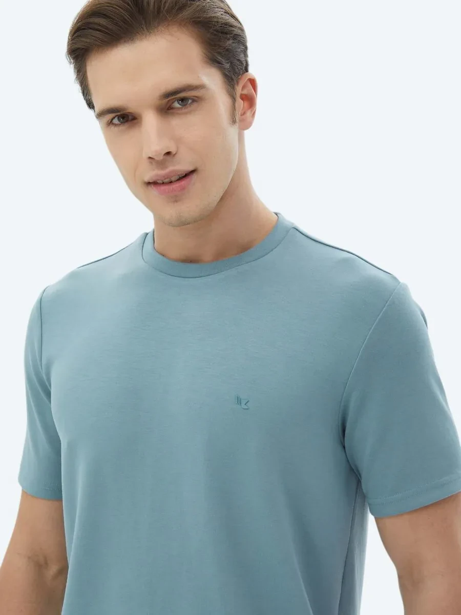 Mavi Düz Bisiklet Yaka T-Shirt - 2