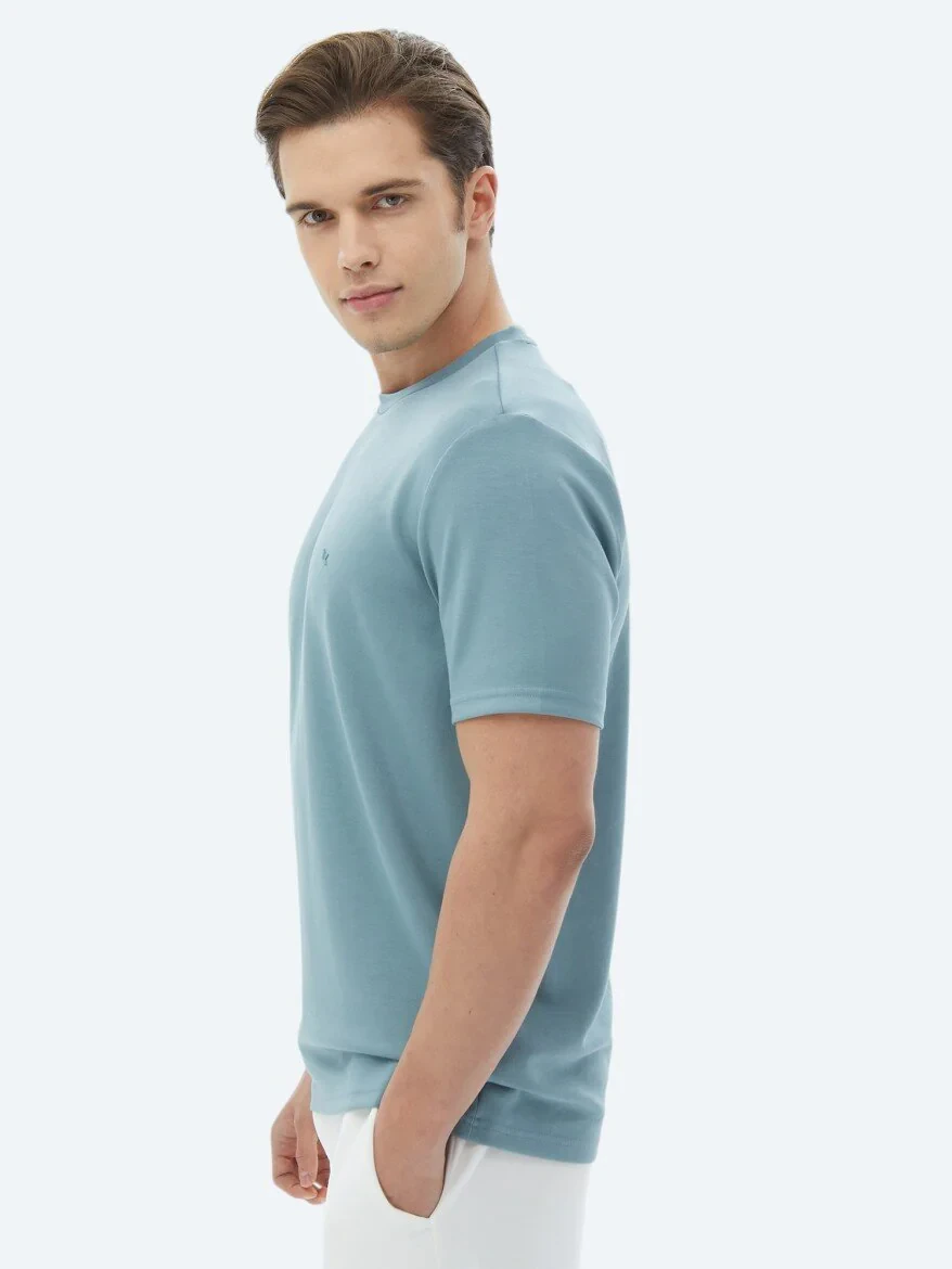 Mavi Düz Bisiklet Yaka T-Shirt - 3