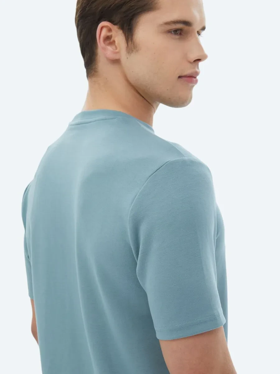 Mavi Düz Bisiklet Yaka T-Shirt - 6