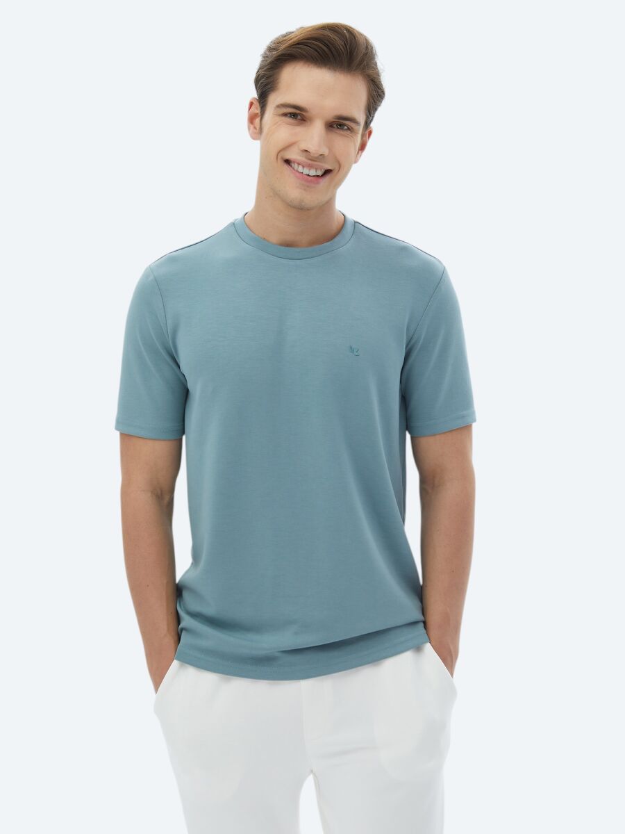 Mavi Düz Bisiklet Yaka T-Shirt - 1