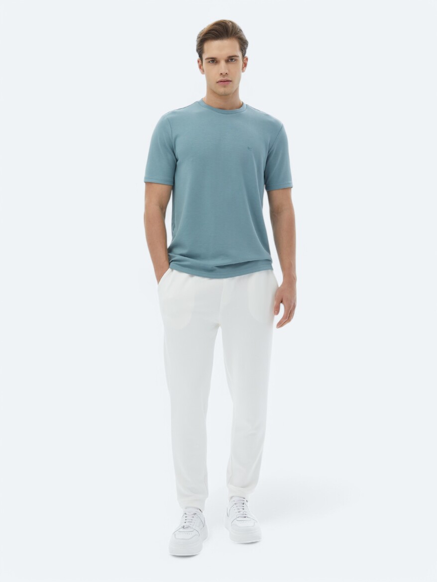 Mavi Düz Bisiklet Yaka T-Shirt - 4