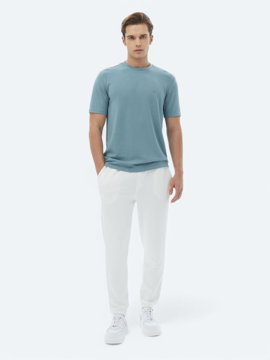 Mavi Düz Bisiklet Yaka T-Shirt - 4