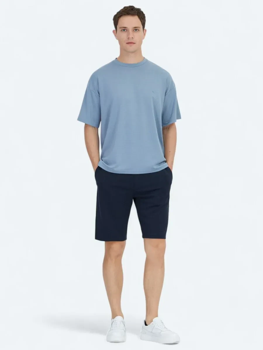 Mavi Düz Bisiklet Yaka T-Shirt - 2