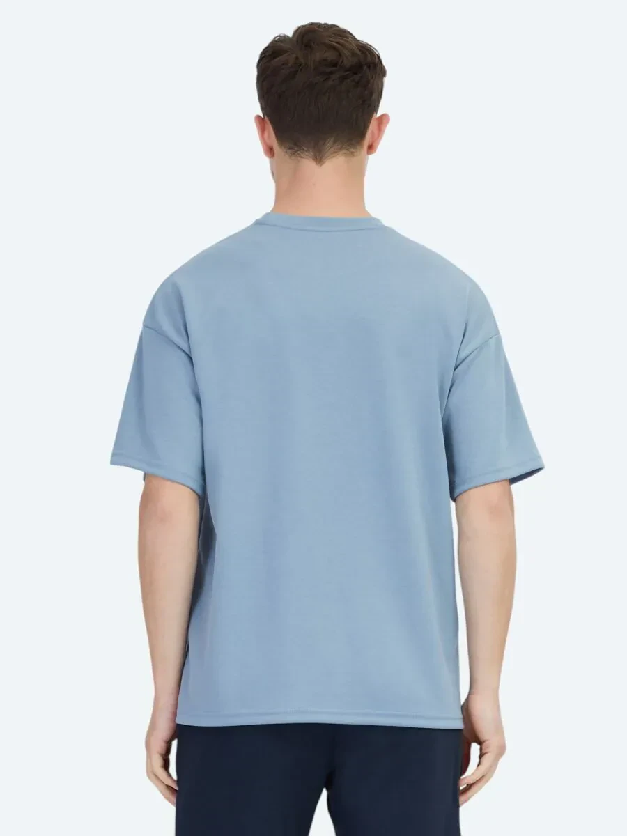 Mavi Düz Bisiklet Yaka T-Shirt - 4