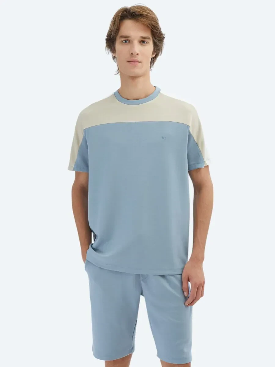 Mavi Düz Bisiklet Yaka T-Shirt - 1