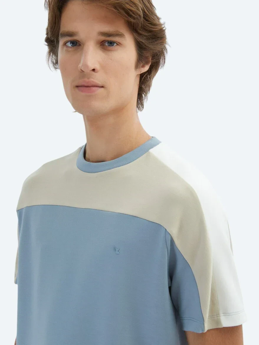Mavi Düz Bisiklet Yaka T-Shirt - 4
