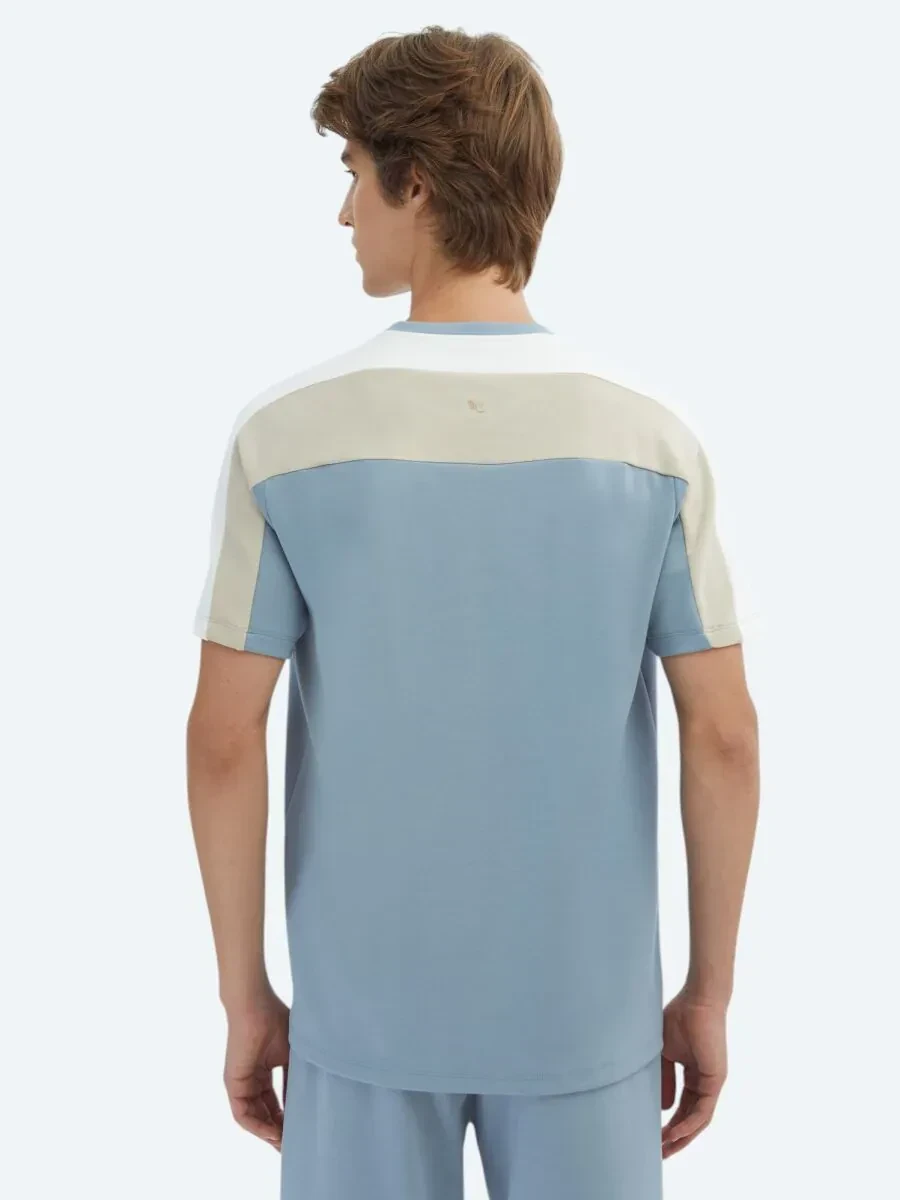 Mavi Düz Bisiklet Yaka T-Shirt - 6