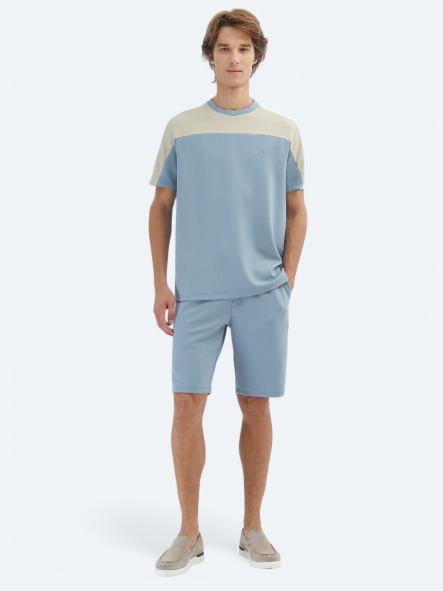 Mavi Düz Bisiklet Yaka T-Shirt - 2