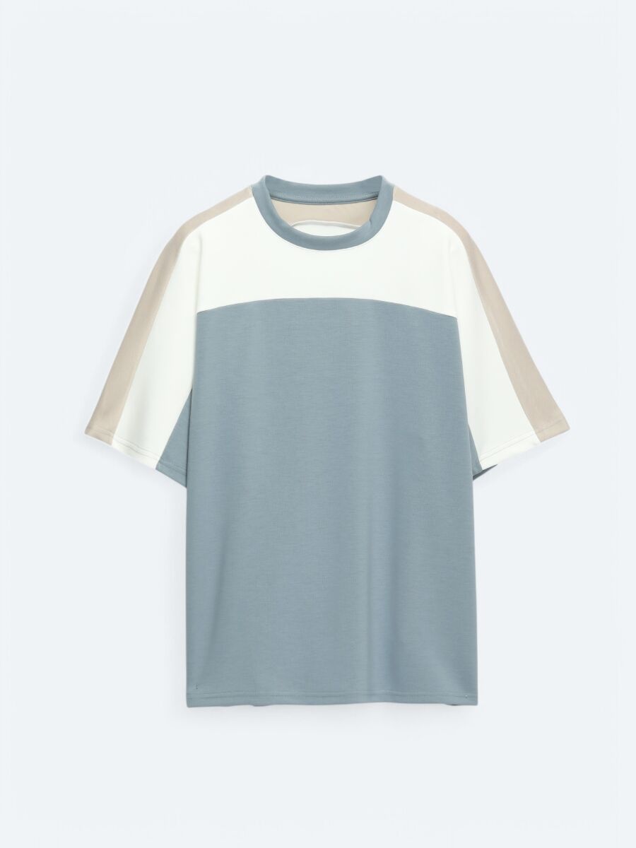 Mavi Düz Bisiklet Yaka T-Shirt - 7