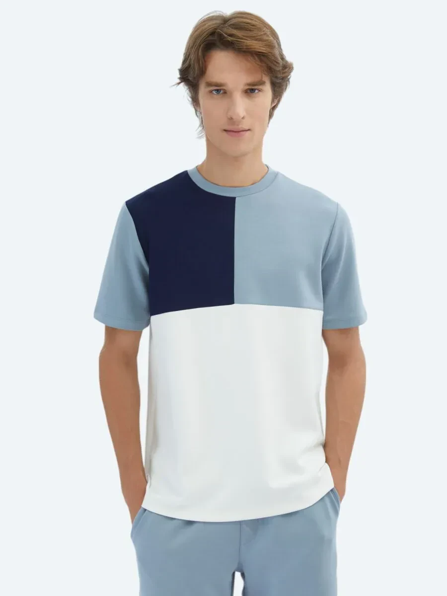 Mavi Düz Bisiklet Yaka T-Shirt - 1