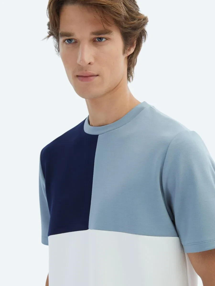 Mavi Düz Bisiklet Yaka T-Shirt - 3