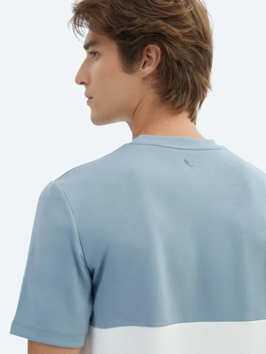 Mavi Düz Bisiklet Yaka T-Shirt - 5