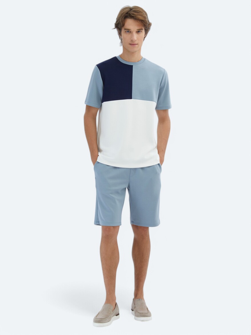 Mavi Düz Bisiklet Yaka T-Shirt - 2