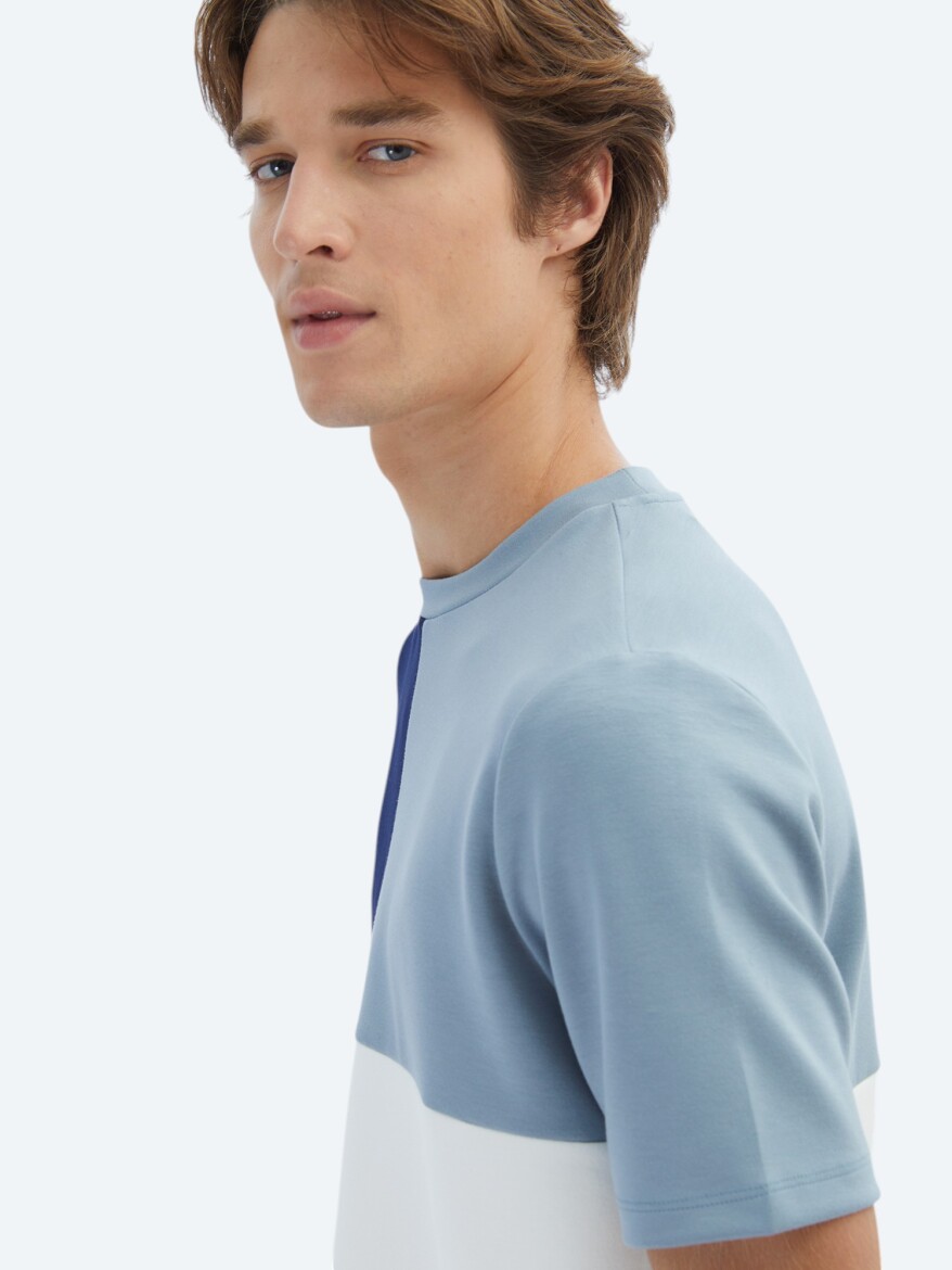 Mavi Düz Bisiklet Yaka T-Shirt - 4