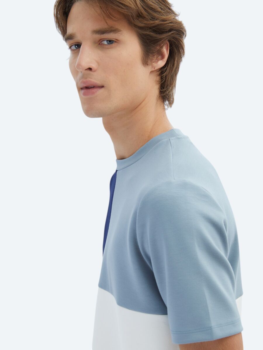 Mavi Düz Bisiklet Yaka T-Shirt - 4