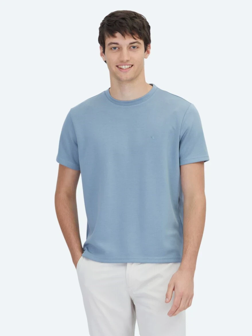 Mavi Düz Bisiklet Yaka T-Shirt - 1