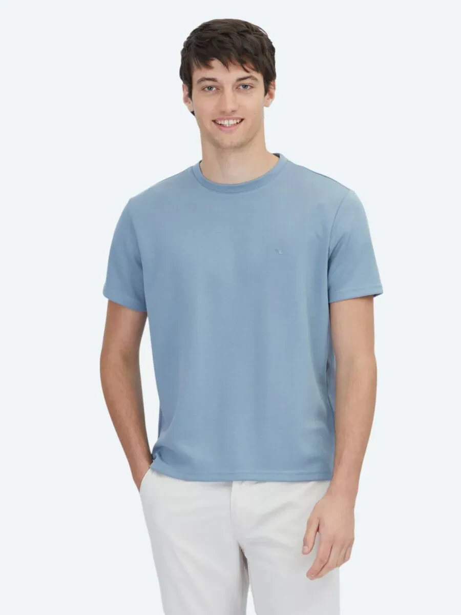 Mavi Düz Bisiklet Yaka T-Shirt - 1