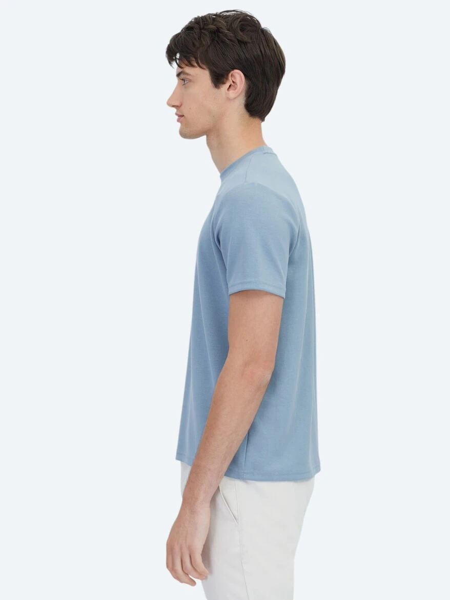 Mavi Düz Bisiklet Yaka T-Shirt 