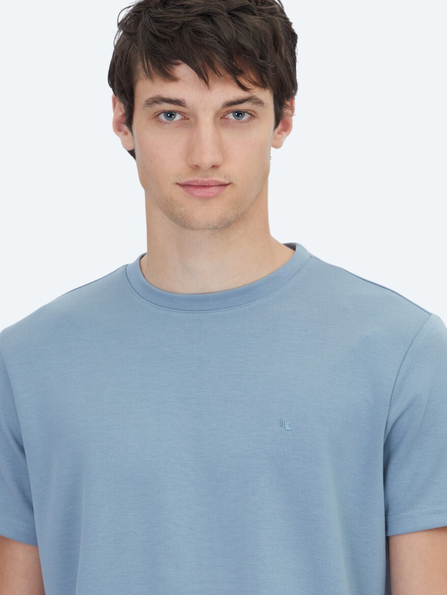 Mavi Düz Bisiklet Yaka T-Shirt - 3