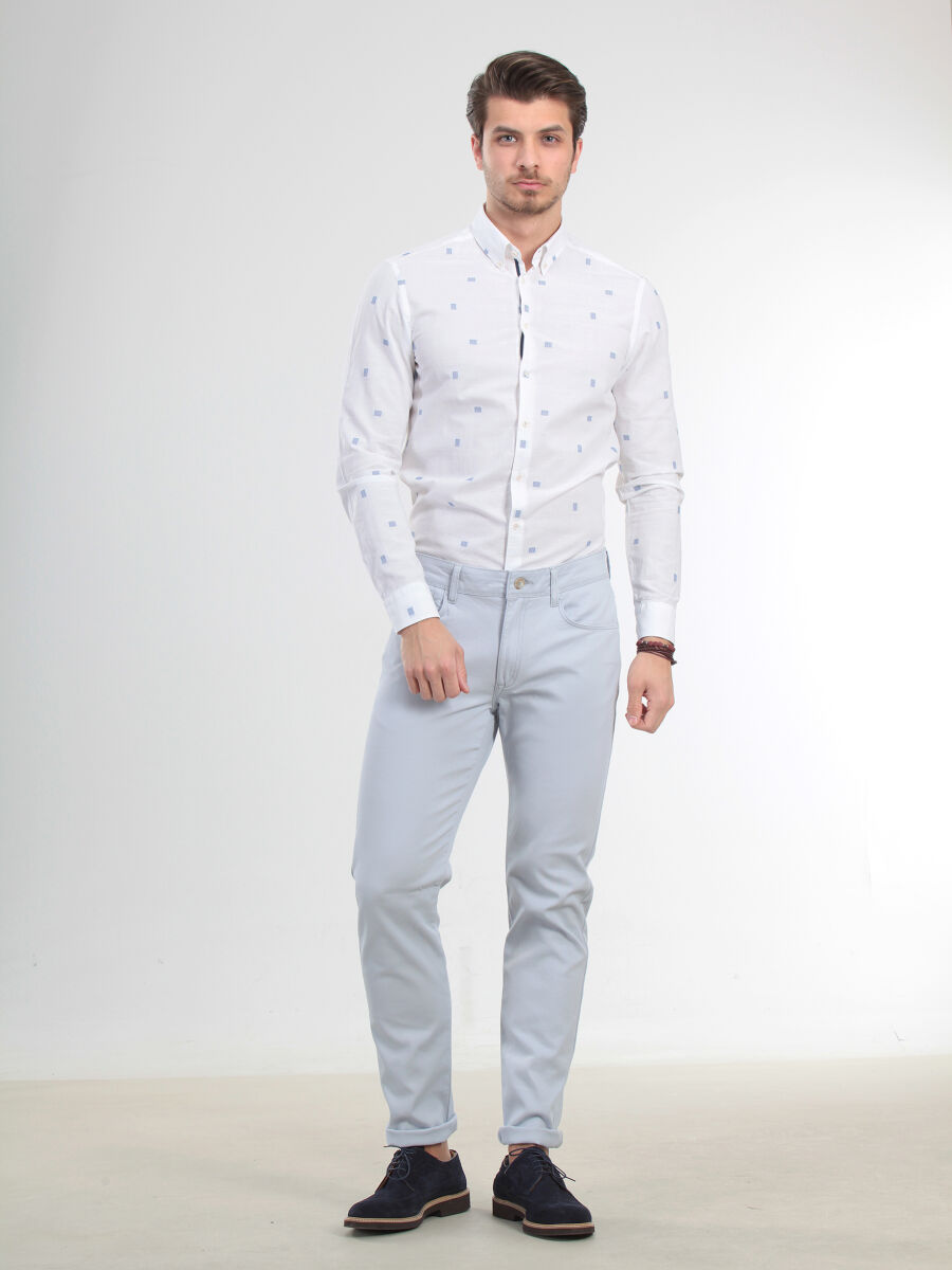 Mavi Düz Dokuma Slim Fit Casual Pamuk Karışımlı Pantolon - 1