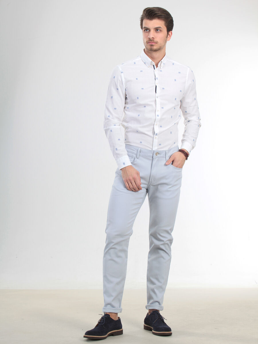 Mavi Düz Dokuma Slim Fit Casual Pamuk Karışımlı Pantolon - 2