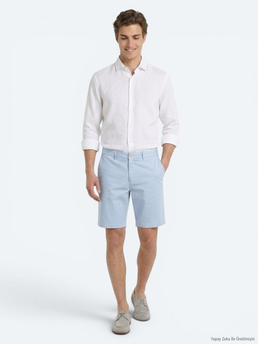 Mavi Düz Kumaş Jogging Fit Casual Bermuda - 4