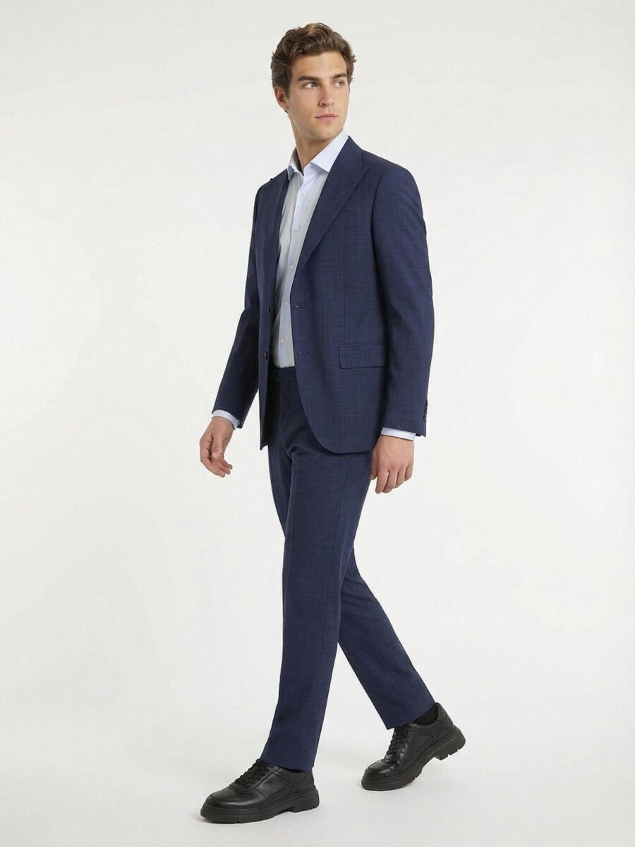 Mavi Düz Modern Fit %100 Yün Takım Elbise - 2