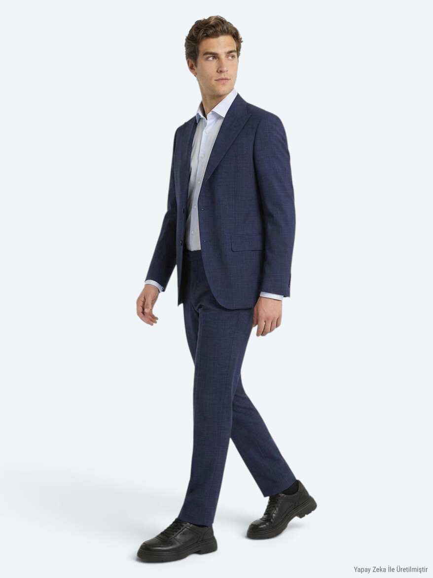 Mavi Düz Modern Fit %100 Yün Takım Elbise - KİP