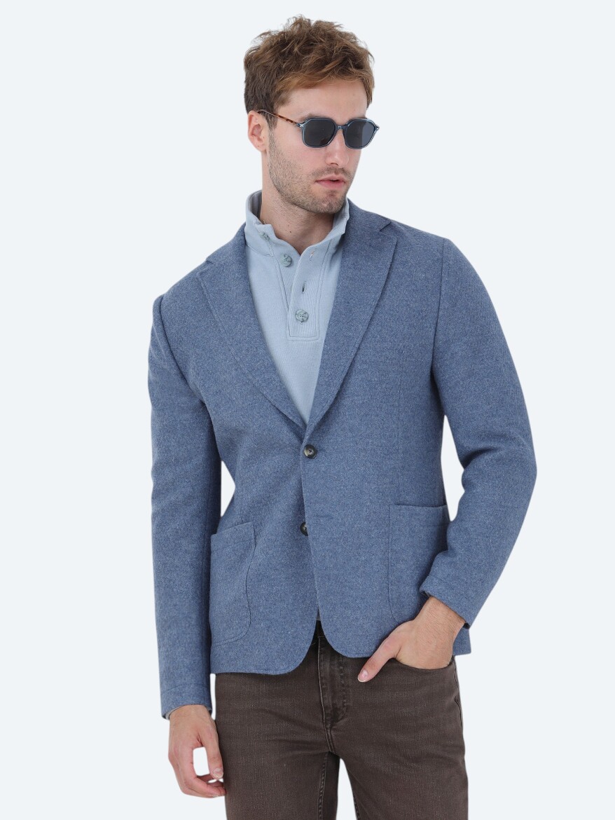 Mavi Düz Modern Fit Yün Karışımlı Örme Ceket - KİP