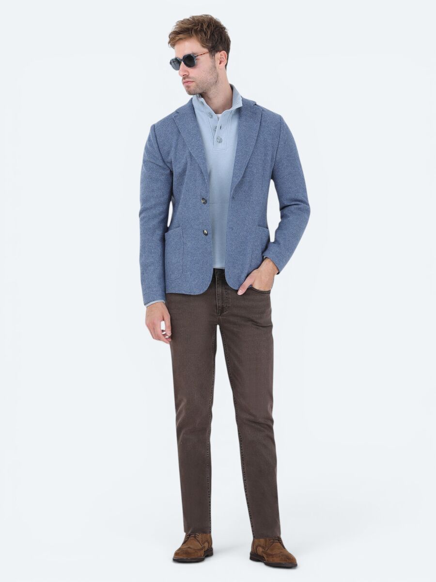 Mavi Düz Modern Fit Yün Karışımlı Örme Ceket - 2