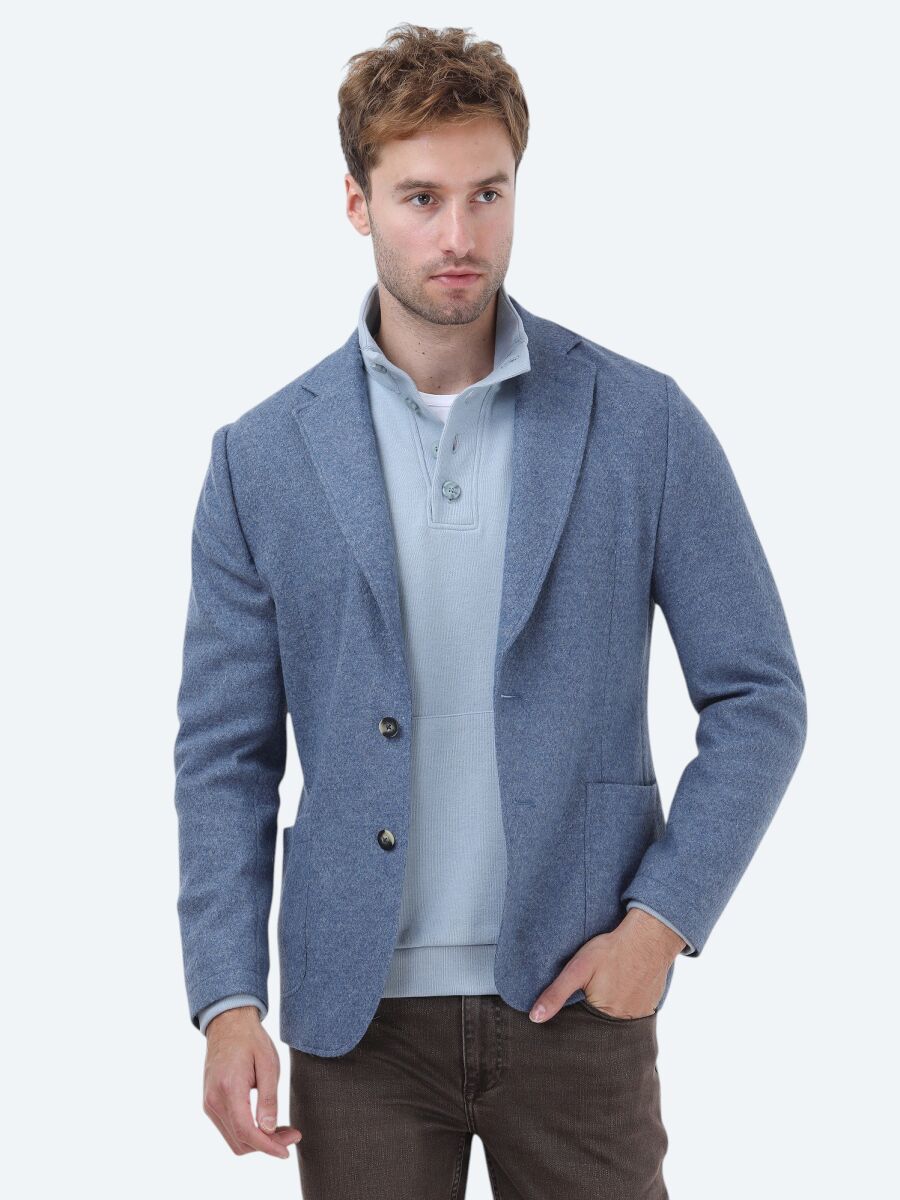 Mavi Düz Modern Fit Yün Karışımlı Örme Ceket - 3