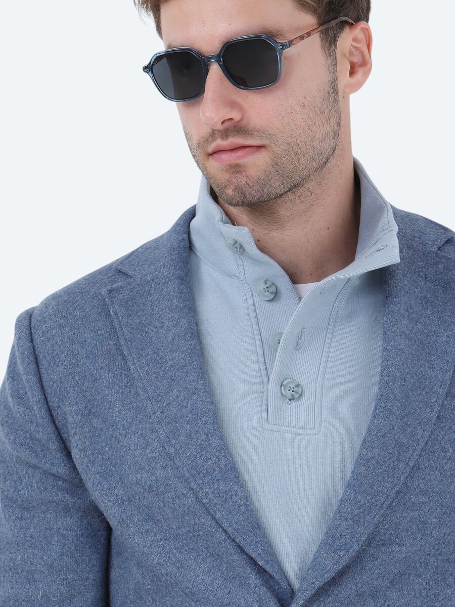 Mavi Düz Modern Fit Yün Karışımlı Örme Ceket - 4
