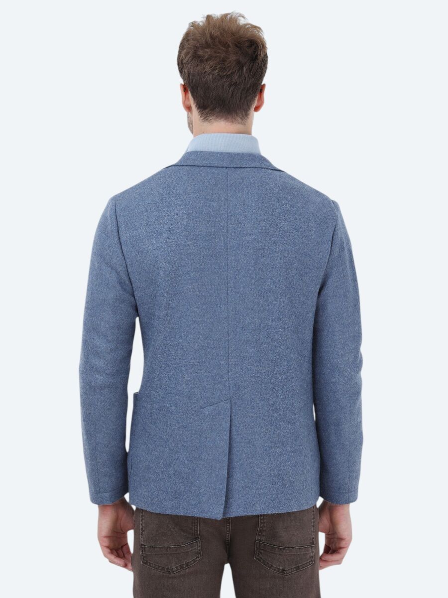 Mavi Düz Modern Fit Yün Karışımlı Örme Ceket - 6