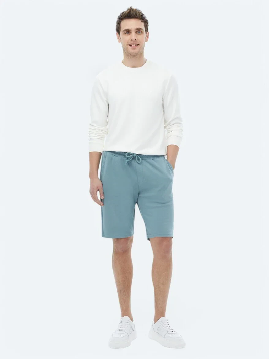 Mavi Düz Örme Jogging Fit Casual Bermuda - 1