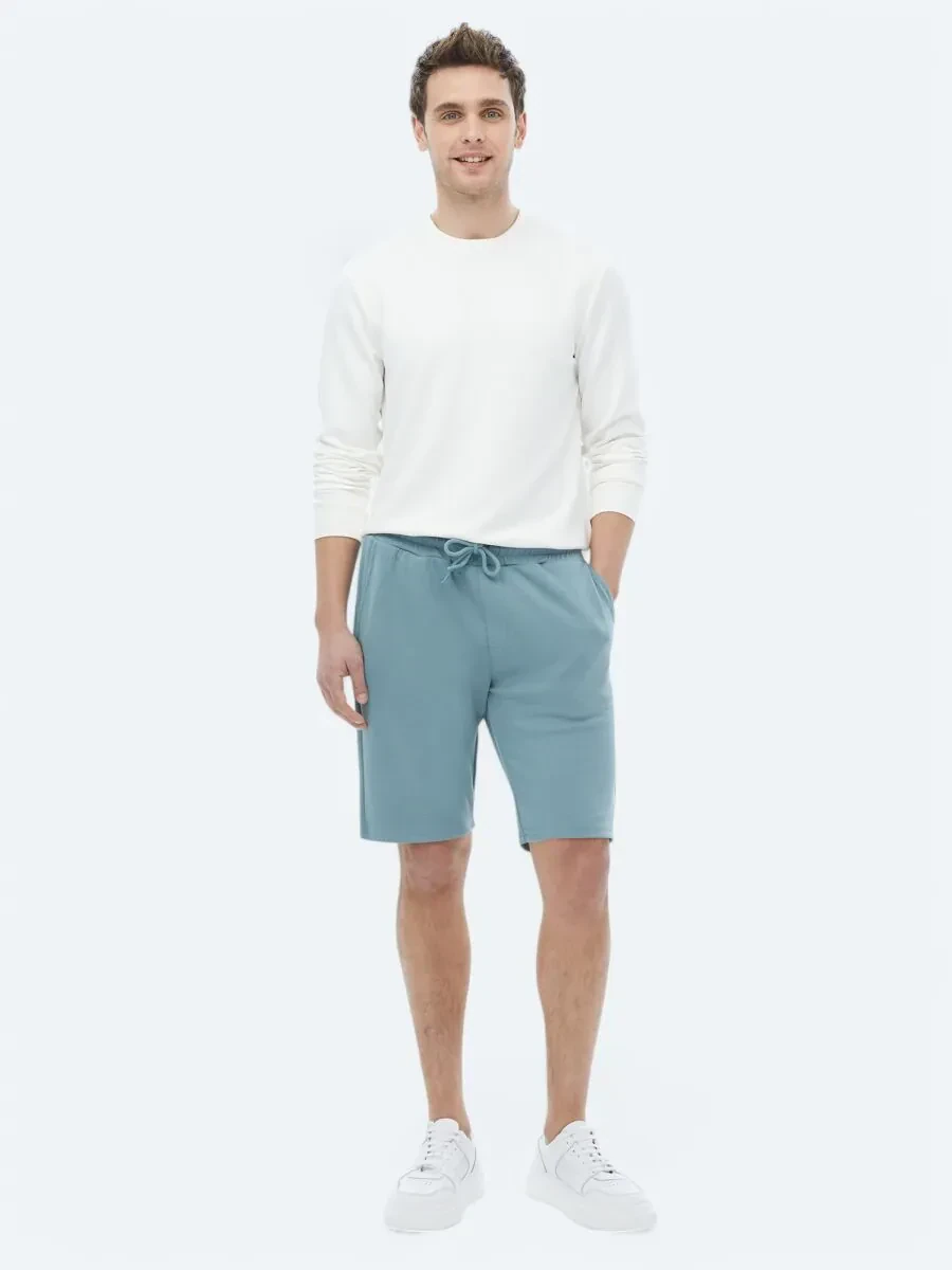 Mavi Düz Örme Jogging Fit Casual Bermuda - 1