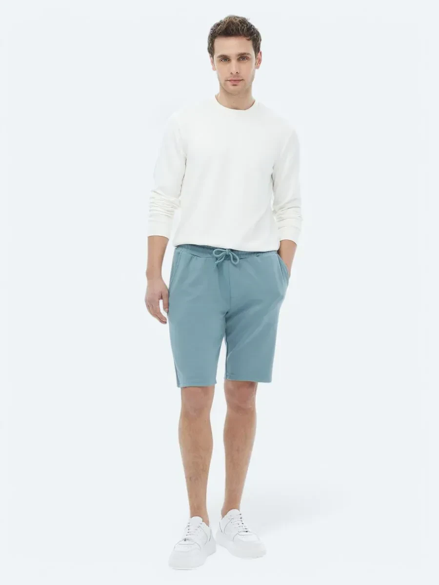 Mavi Düz Örme Jogging Fit Casual Bermuda - 3