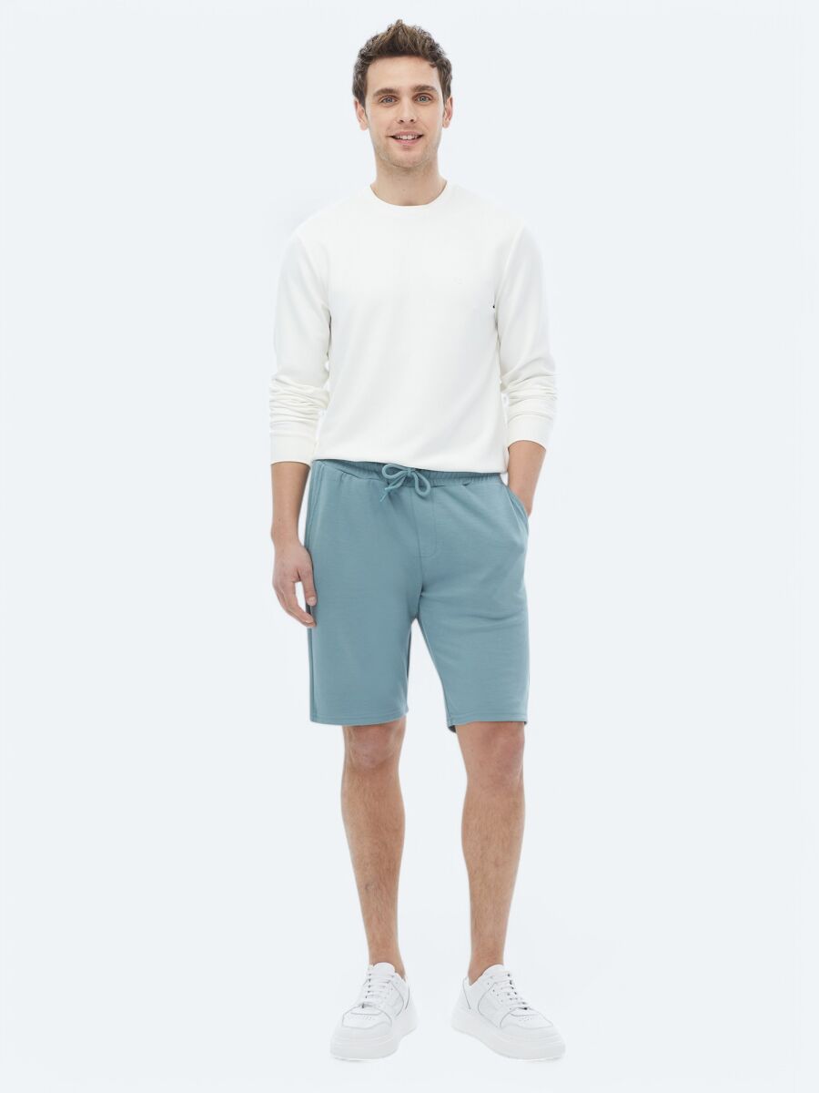 Mavi Düz Örme Jogging Fit Casual Bermuda - 1