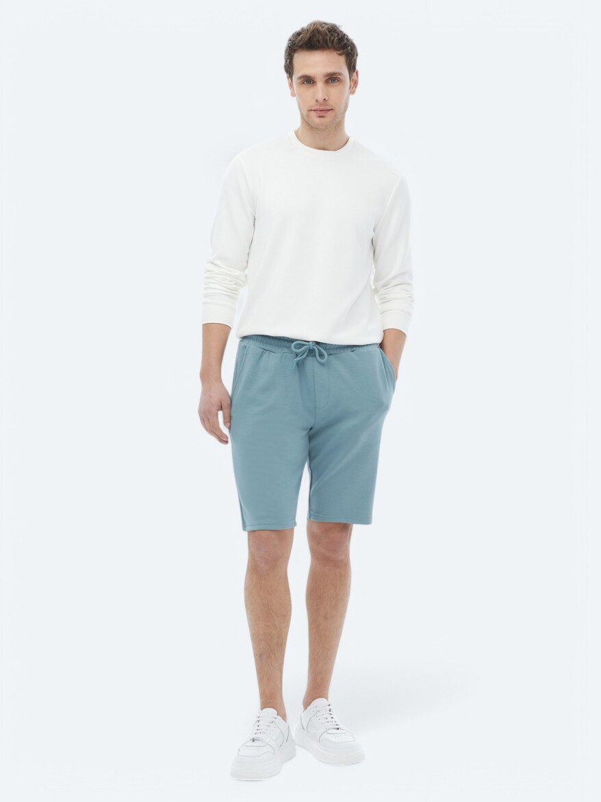 Mavi Düz Örme Jogging Fit Casual Bermuda - 3
